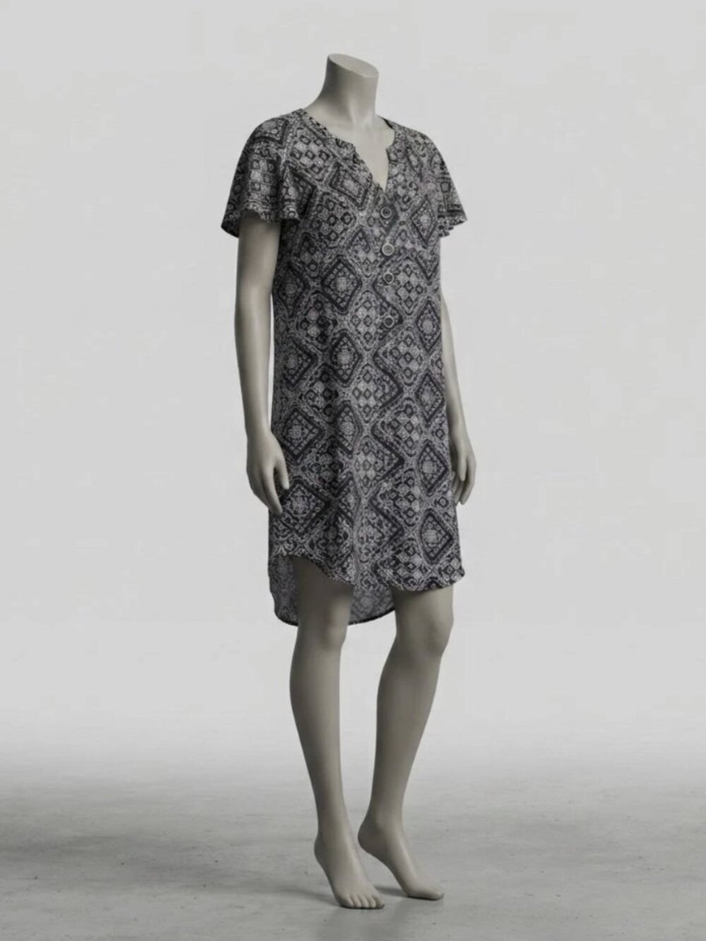 Kate & Sam Indie Black White Geometric Boho Print Button Front T-Shirt Dress M